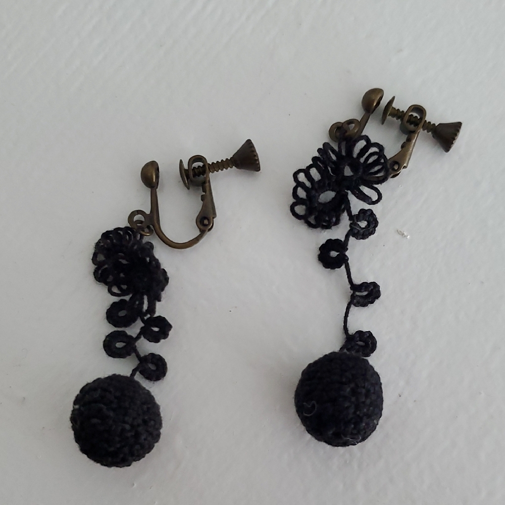 ito Clip-on Black Crochet Earrings, Handmade In japan